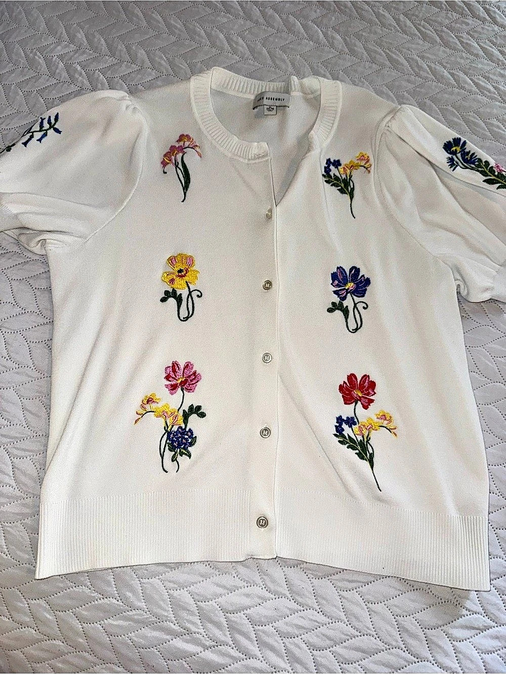 Free Assembly Embroidered Cardigan Sweater with Puff Sleeves White XL